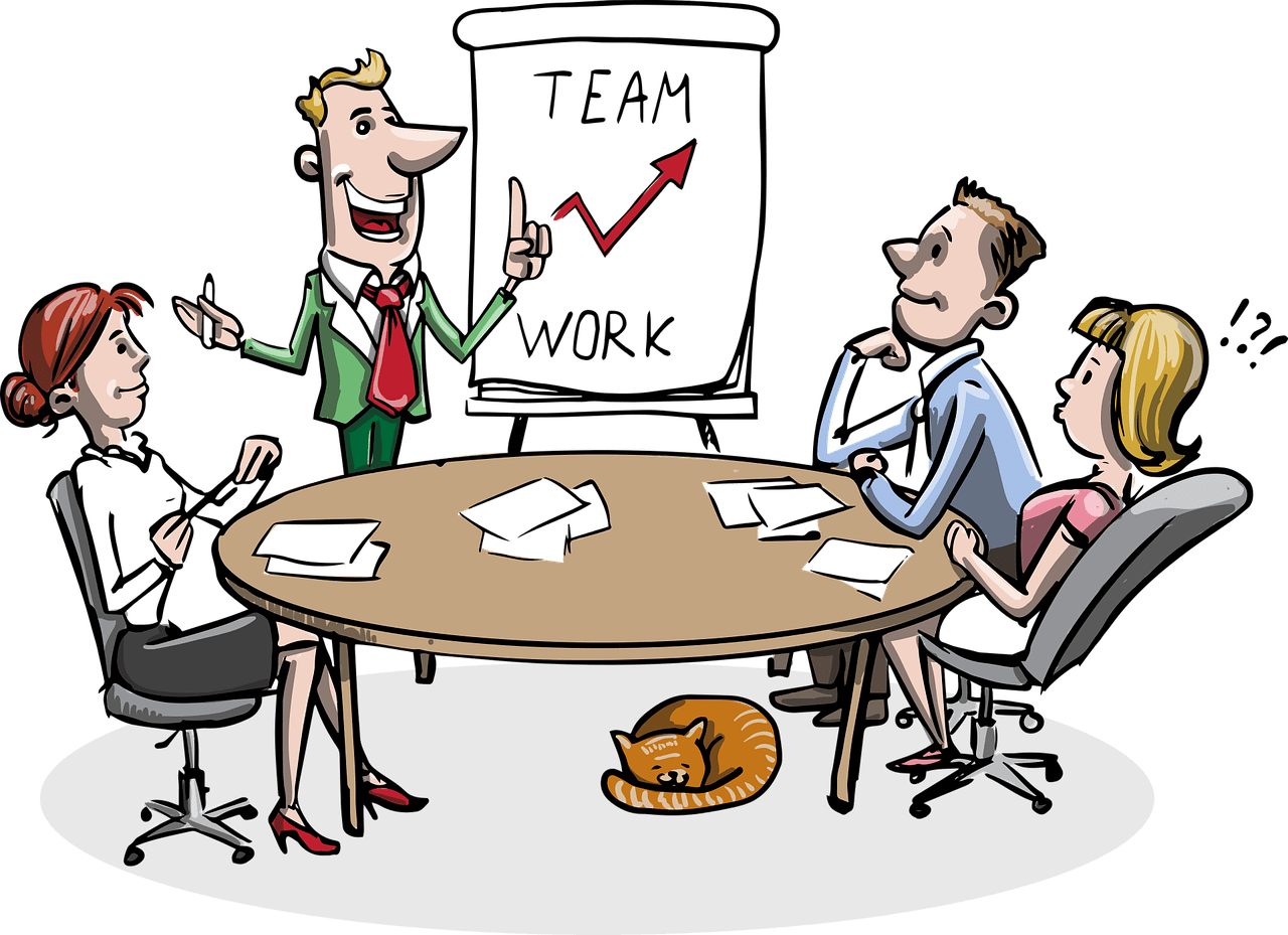 Cartoon drawing of a team providing the step-by-step guide to buying a business