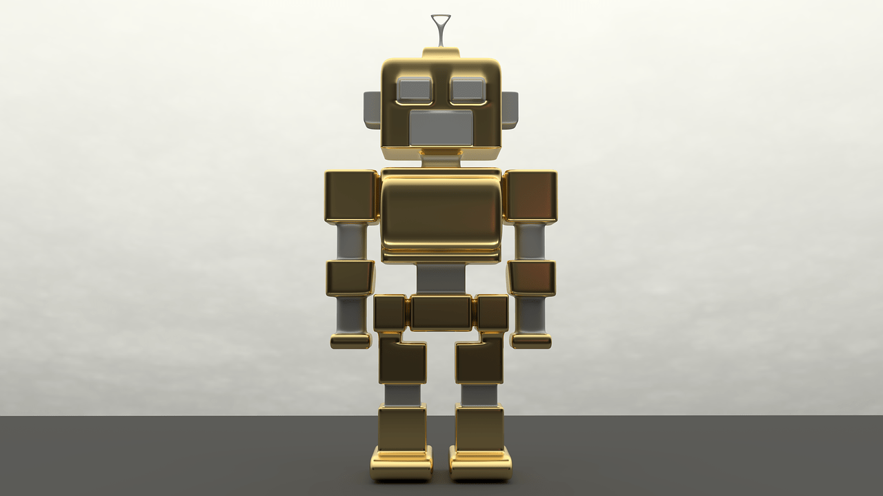 a photo of a gold-colored robot that is standing which represents Jeweliet Tangen's first private equity deal